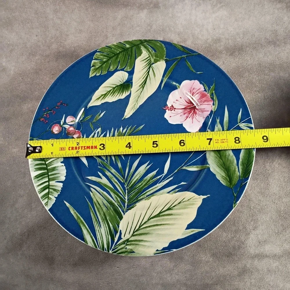 Vintage Mikasa Tropical Garden Blue Floral Salad Plates Pink Hibiscus Tropical‎